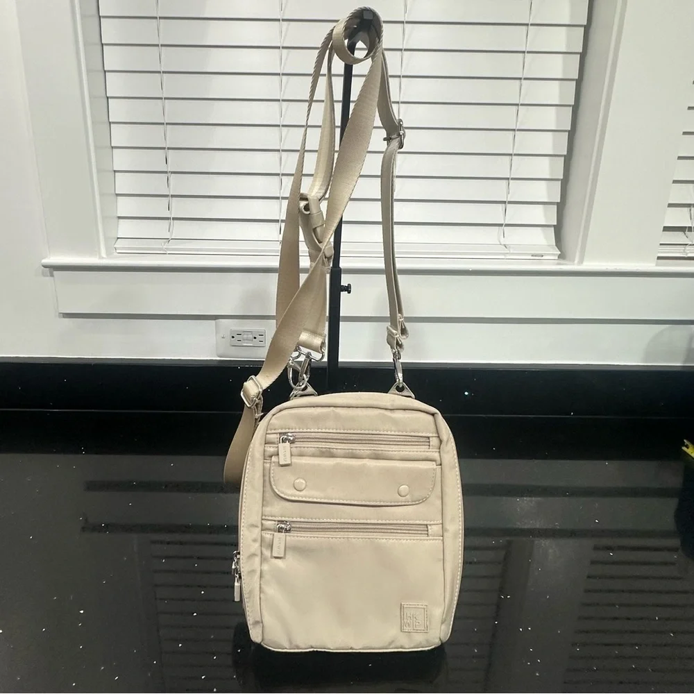IHKWIP Nylon Multi-Pocket Everyday Essentials Crossbody Bag Tan Beige 2 straps